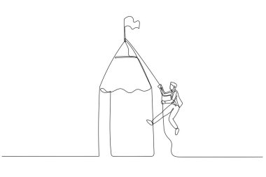 Kazanan bayrak konseptine ulaşmak için kalem dağına tırmanan iş adamlarının çizgi filmi. Aralıksız bir çizgi sanat tarzı