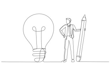 Drawing of businessman use pencil to connect the dots and create the idea bulb concept of business understanding. Single continuous line art style clipart