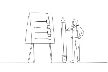 İş kadınının tasviri, eylem planını beyaz tahta prosedür kavramına adım atarak sunar. Aralıksız çizgi sanatı