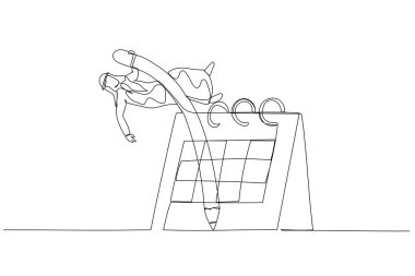 İş kadınının kalem sırıkla atlama takvime atlayarak esnek çalışma konseptini çizmesi. Tek satır aralıksız sanat biçimi