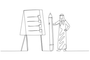 İş kadınının tasviri, eylem planını beyaz tahta prosedür kavramına adım atarak sunar. Aralıksız çizgi sanatı