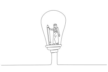 Elinde kalem olan iş kadınının çizimi. Yaratıcı hayal gücü çözüm buluşu kavramının içerisinden düşün. Bir satır sanat tarzı