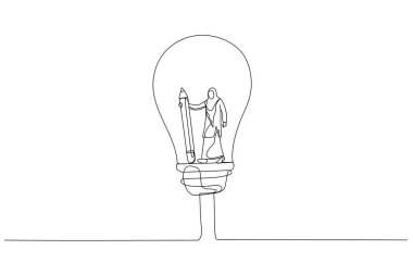 Elinde kalem tutan müslüman bir kadının çizimi. Yaratıcı hayal gücü çözüm buluşu kavramının içerisinden düşün. Bir satır sanat tarzı