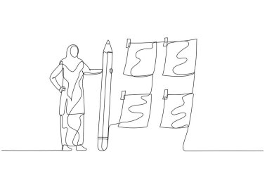 Kalem gibi yapışkan notları olan müslüman kadın çizimleri işi öncelikli kılıyor. Bir satır sanat tarzı