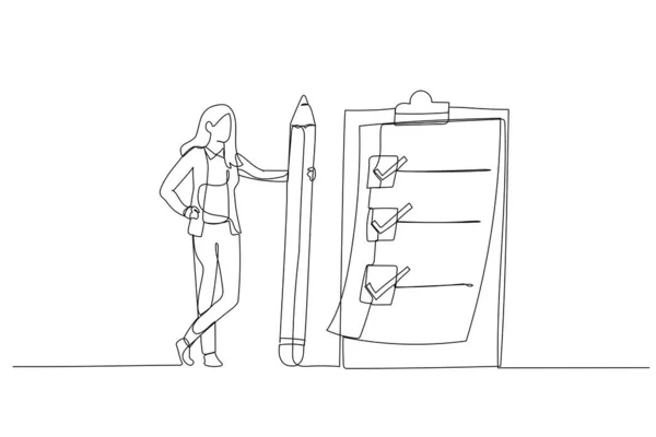 Illustration Einer Geschäftsfrau Die Bleistift Fragebogen Checkliste Mit Häkchen Hält — Stockvektor