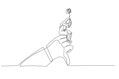 Müslüman bir kadının karikatürü. Üzgün ve stresli. Yönetici olumsuz geri bildirim değerlendirmesi düşünüyor. Tek satır sanat tarzı