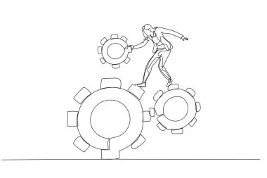 Drawing of businesswoman & gear. Single line art style