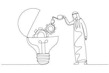 arab man drop oil lubricant into idea lightbulb lamp with mechanical gears. One line art style clipart