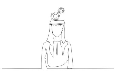 arab man head get gear cogwheel concept of human intelligence. Single line art style