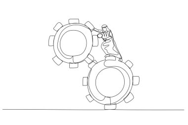 arab man leader use magnifying glass analyze cog wheels problem concept problem fix. Single line art style