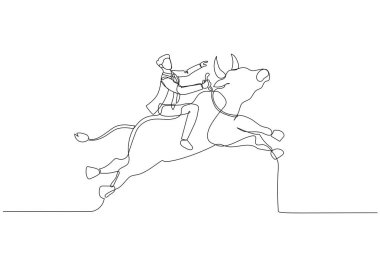 Cartoon of businessman riding a bull going up showing rising and bull market. One line art style