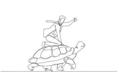 Illustration of businessman riding fast on a turtle concept of high speed development on slow landscape. Single line art style