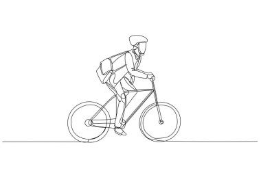 Cartoon of businessman rriding bicycle to office concept of bike to work eco friendly transportation. One line art style