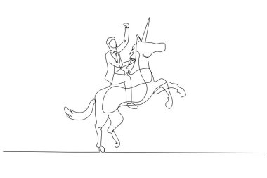 Illustration of businessman riding a unicorn and having billion dollar valuation company. Single line art style
