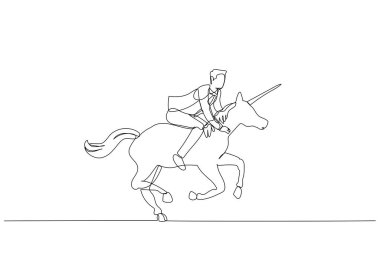 Cartoon of businessman riding unicorn ready to expand to new area. One continuous line art style