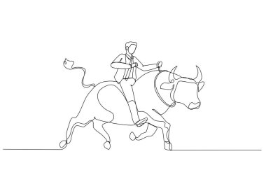 Drawing of businessman riding on the bull working in stock market trading. Single continuous line art style