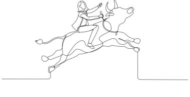Drawing of businesswoman riding a bull going up showing rising and bull market. Single continuous line art style
