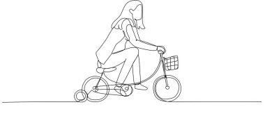 Illustration of businesswoman practice riding child bicycle with training wheels concept of training practice for success. One line art style
