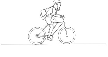 Drawing of businesswoman rriding bicycle to office concept of bike to work eco friendly transportation. Single line art style