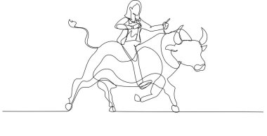 Illustration of businesswoman riding on the bull working in stock market trading. One line art style