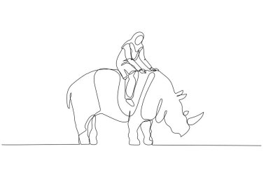 Drawing of muslim woman riding on big rhino concept of fearless manager and leader. Single continuous line art style
