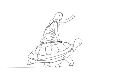 Illustration of muslim woman riding fast on a turtle concept of high speed development on slow landscape. Continuous line art style