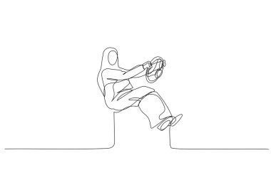 Illustration of muslim woman driving imagination car concept of power of mind and perception. Single continuous line art style