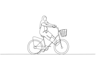 Illustration of muslim woman riding high speed bicycle all gass no break. Single continuous line art style