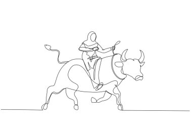 Illustration of muslim woman riding on the bull working in stock market trading. One line art style