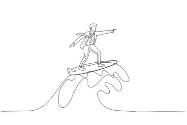 Cartoon of businessman riding surf board with wave. Concept of overcome difficulty. One line style art