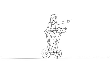Illustration of businesswoman with cape riding segway. metaphor for using tools. Single continuous line art style