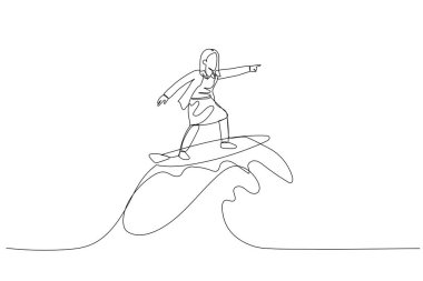 Drawing of businesswoman riding surf board with wave. metaphor for overcome difficulty. One line art style
