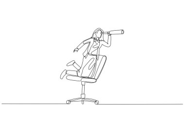 Drawing of businesswoman riding office chair using telescope. metaphor for business vision. One line art style clipart