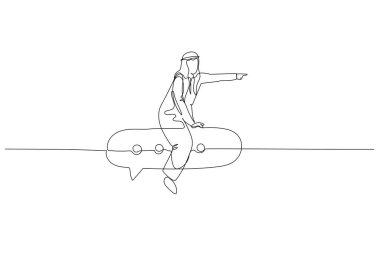 Illustration of arab businessman ride speech bubble moving to target. metaphor for good coordination. One line style art