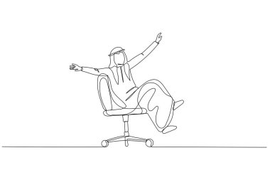 Drawing of arab businessman sitting on uncontrollable chair. metaphor for work depression. Single line art style