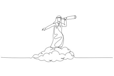 Cartoon of arab businessman riding cloud while using telescope. metaphor for business future. Continuous line art style