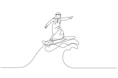 Illustration of arab businessman riding surf board with wave. metaphor for overcome difficulty. One line art style