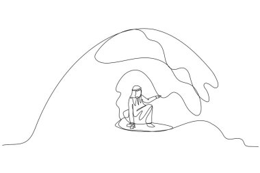 Drawing of arab businessman using surfboard. metaphor for moving forward with trend. Single line art style