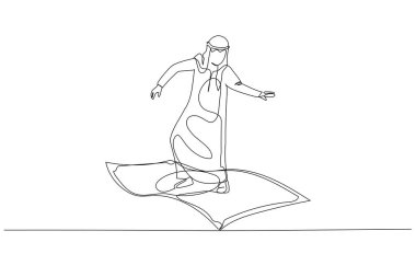 Drawing of arab businessman riding flying money. metaphor for profit. Single line art style