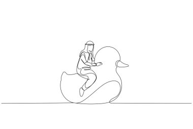 Drawing of arab businessman riding rubber duck. metaphor for vacation. Single continuous line art style