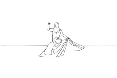 Drawing of muslim woman using flying book. metaphor for knowledge and education. Single line art style