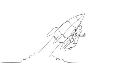 Drawing of muslim woman using rocket going to the moon. metaphor for project start up. Single line art style