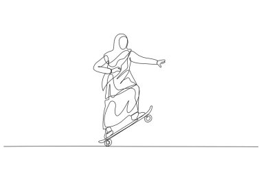 Drawing of muslim woman stand and moving with skateboard. metaphor for business style. One continuous line art style