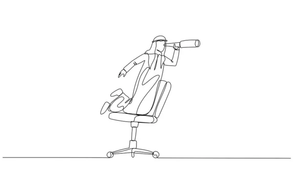 Illustration Arab Businessman Riding Office Chair Using Telescope Metaphor Business — Image vectorielle