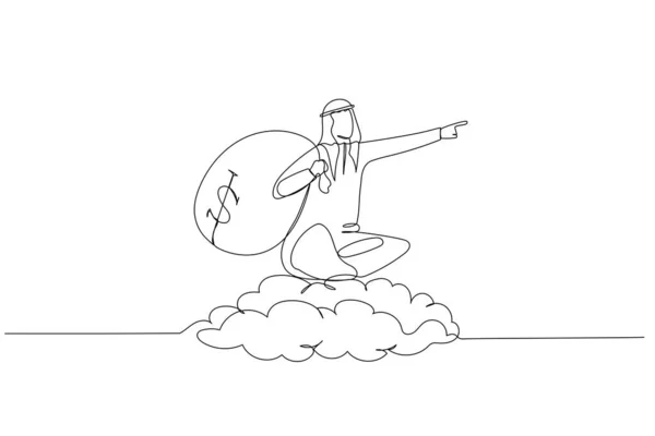 Illustration Arab Businessman Riding Money Bag Pointing Goal Metaphor Investment — 图库矢量图片