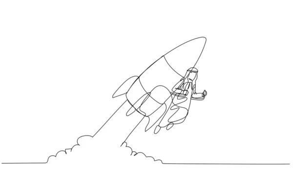 Kreskówka Arabskiego Biznesmena Używającego Rakiety Lecącej Księżyc Metafora Rozpoczęcia Projektu — Wektor stockowy