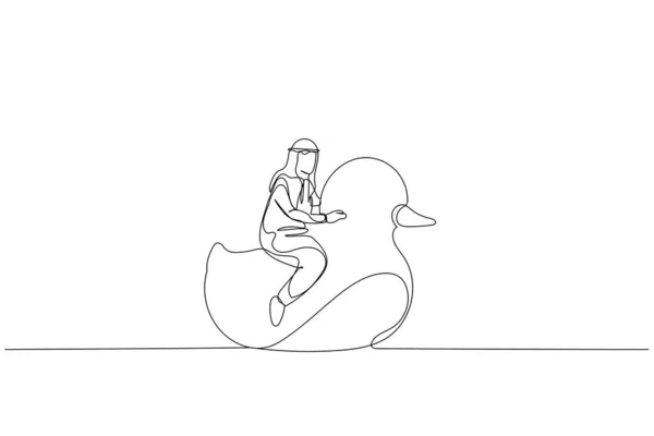 Рисунок Арабского Бизнесмена Верхом Резиновой Утке Метафора Отпуска Однолинейный Стиль — стоковый вектор