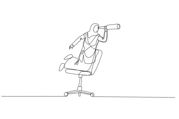 Cartoon Muslim Woman Riding Office Chair Using Telescope Metaphor Business —  Vetores de Stock