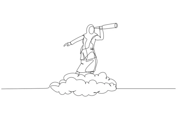 Drawing Muslim Woman Riding Cloud While Using Telescope Metaphor Business — ストックベクタ