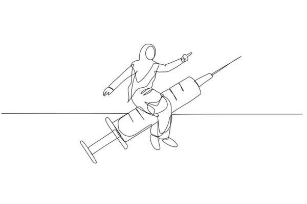 Illustration Muslim Woman Riding Syringe Moving Fast Metaphor Healthy One — Stockový vektor